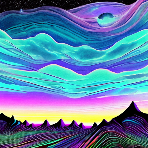 Generate an image of a breathtaking science fiction landscape that stretches beyond imagination in the style of abstract. The sky above is a canvas of swirling colors, with vibrant hues of violet, indigo, and teal dancing in intricate patterns. Moon hangs suspended in the sky, casting an otherworldly glow that bathes the landscape in an ethereal light. In the distance, towering crystalline structures pierce the sky, their surfaces shimmering with an iridescent sheen. These structures house mysterious civilizations, with luminous pathways connecting them like intricate spiderwebs in the sky. The atmosphere is charged with a sense of wonder and discovery, as if every element of this landscape holds secrets waiting to be unraveled. This science fiction landscape captures the essence of the unknown and the limitless possibilities of a world beyond our own. --ar 3:2