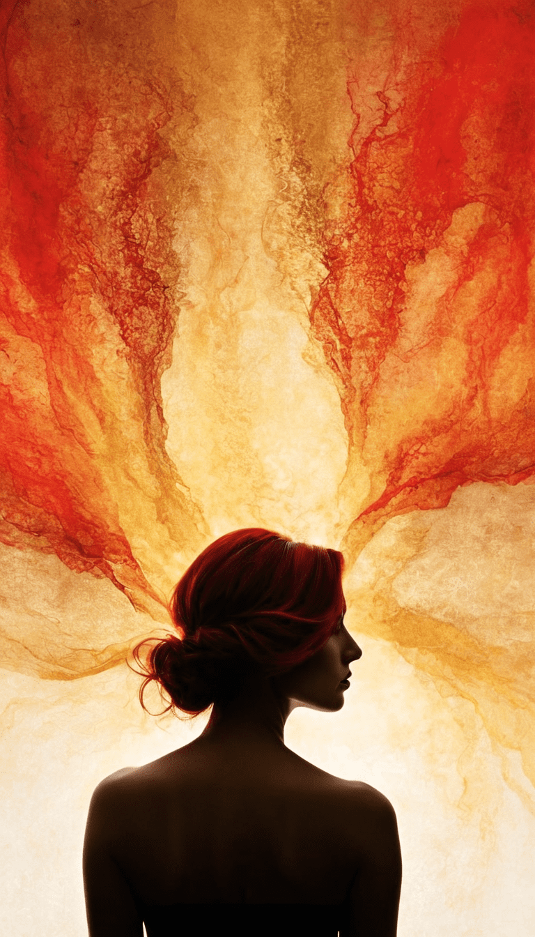 Fashion editorial, silhouette of mystic woman in red and gold abstract background, highres, realistic photo, professional photography, cinematic angle, dynamic light back shining,