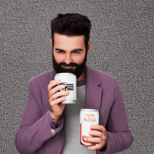 A highly detailed, photorealistic image of a man in his early 30s holding a branded energy drink can named aidan. The man has a well-groomed beard, wearing a casual outfit with a stylish jacket, standing in a modern, minimalistic kitchen with natural lighting. The energy drink can has a vibrant, colorful design with the brand name aidan clearly visible. The background shows sleek kitchen appliances and a marble countertop