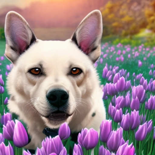 Crea la imagen de un perro blanco con manchas negras mezcla de bulldogs frances con ojos tiernos en un campo de tulipanes de muchos colores con una montaña nevada de fondo en un dia soleado