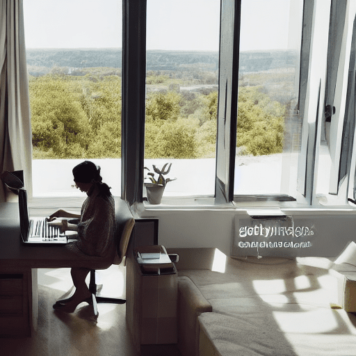 Haute couture photo of a woman working on her laptop in her modern living room, with large windows overlooking nature, holding a wad of 500€ bills, looking satisfied with her work and smiling wide angle top view, arri alexa 65, in the style of diane arbusr, 8k