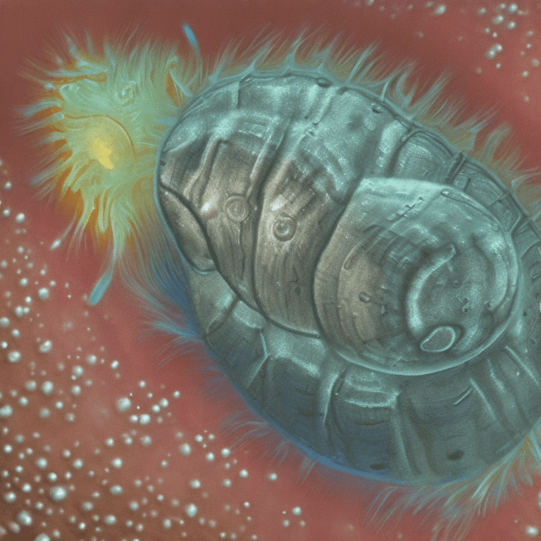 Tardigrade under a micro electron microscope, intricate detail. Warm light. Oil painting by james gurney