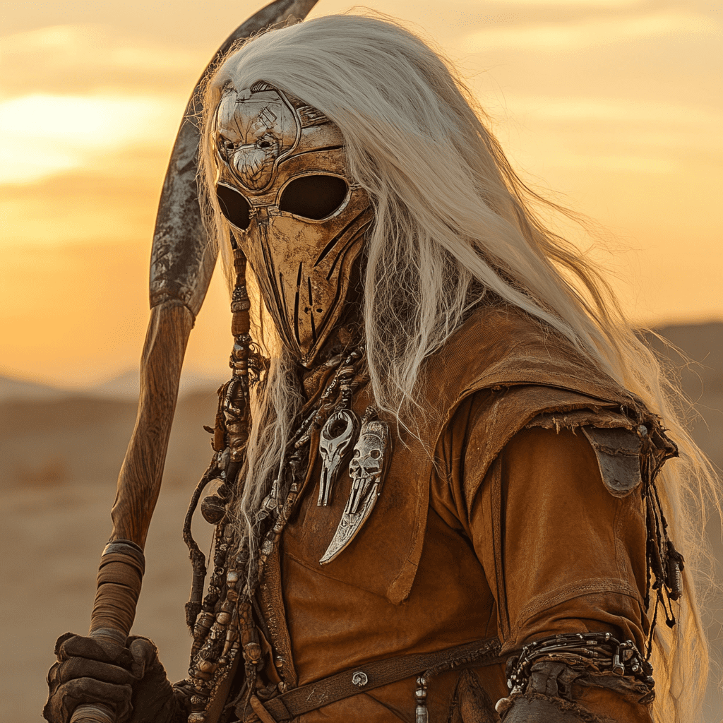 A sand people mask, holding an ancient scythe in the desert at sunset, in the style of john blanche and moebius, wearing brown leather with silver ornaments on his chest and headpiece. He has long white hair covering half of his face, and a wooden bow is hanging over his shoulder. --v 6. 1