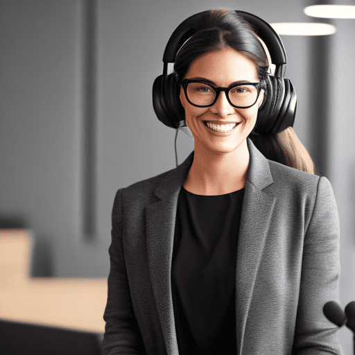 A woman in a professional setting, smiling warmly at the camera, wearing a black blazer over a gray top, black-framed glasses, and a headset with a microphone. Her hair is tied back, and the background is softly blurred with warm lighting, creating a welcoming atmosphere.