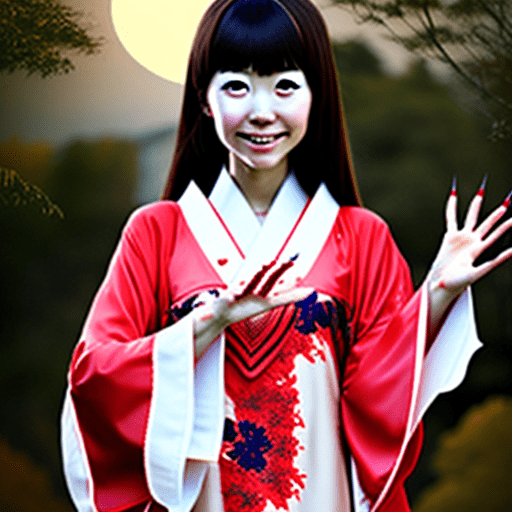 Photo of realistic japanese girl wearing kaftan with vampire hands