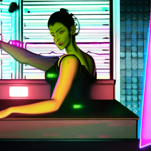 Ultra realistic - hyperrealism woman sitting at the counter of a futuristic cyberpunk bar wearing futuristic clothing and cybernetic arm leaning on counter holding a drink and cigarette, mad-neon-noir