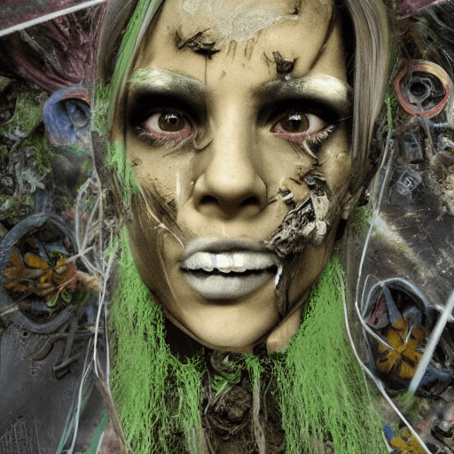 Neonpunk style 20-year-old a full body full face shot of a scary creepy android, state of decay and brittle, frail, sneezing, raptured dried dead body, lost in wild forest, rustic old prosthetics, covered in lush, mold, fungus, cracked face, wild flowers and nature, moss, hyper realistic, highly detailed, depth of field, aura of power, renaissance painting. Cyberpunk, vaporwave, neon, vibes, vibrant, stunningly beautiful, crisp, detailed, sleek, ultramodern, magenta highlights, dark purple shadows, high contrast, cinematic, ultra detailed, intricate, professional