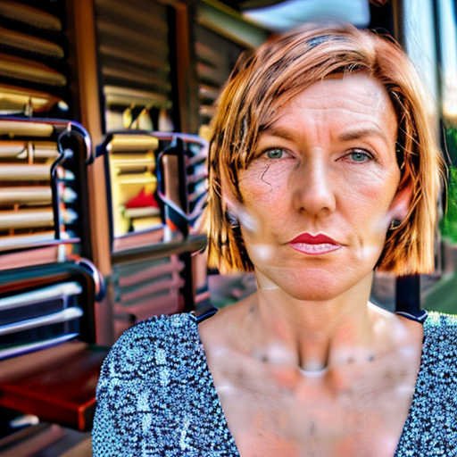 Attractive 40 year old american woman, slender graceful build, short hair, piercings and arm tattoos, expressive hazel eyes, freckles, cute wardrobe, seated in an outdoor coffee shop at noon, full body image, 32k, 64 megapixels, hdr, photorealistic, intricately detailed, dslr, sharp focus, high contrast, masterpiece, perfect composition, facing camera