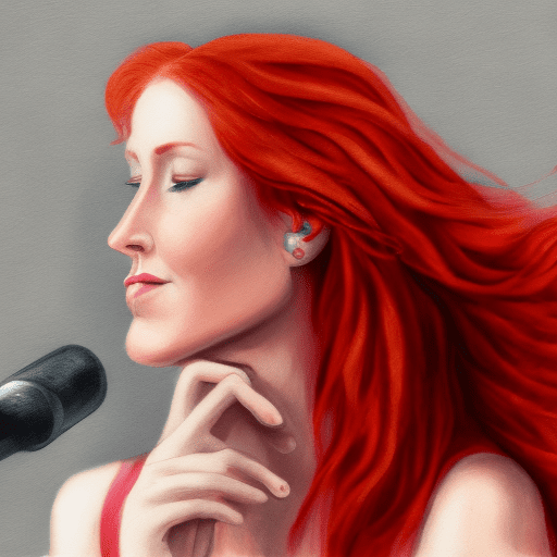 A red-haired woman listening to music