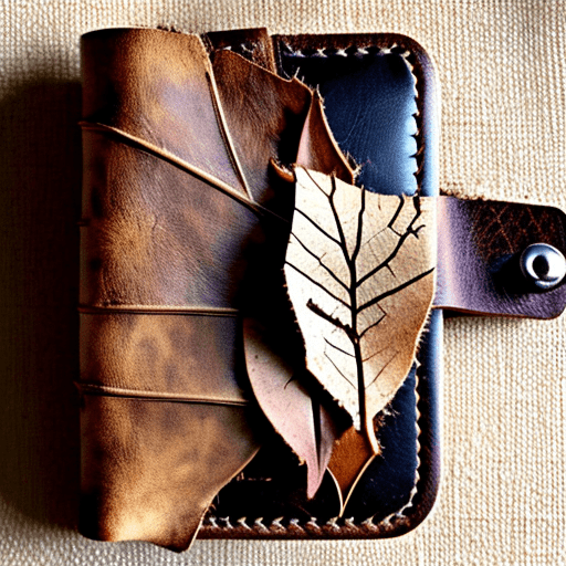 Dry dusty leaves in the card slots of an abandoned leather wallet. Style: goth