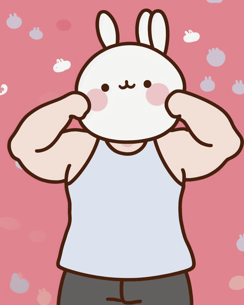 Cute rabbit with solid circle eyes, :3 smile, blush on cheeks, showing strong muscles, flexing in a confident pose, wearing a simple tank top, no shirt, simple background, no humans, animal focus, exaggerated cute muscle detail