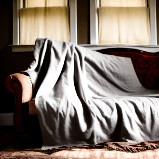 Dust sheet over a sofa in an old dimly lit 1800's house. Style: cinematography