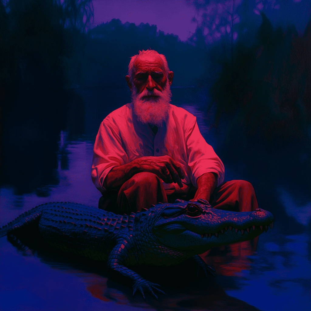 An old man with white beards pets his alligator in a swamp --sref 3646907535 --v 6
