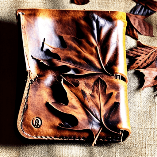 An abandoned leather wallet, open, with dusty dry leaves instead of cash. Style: goth