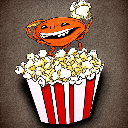A crab in cartoonart eating popcorn. A cute crab. A picture which is easy to draw after.
