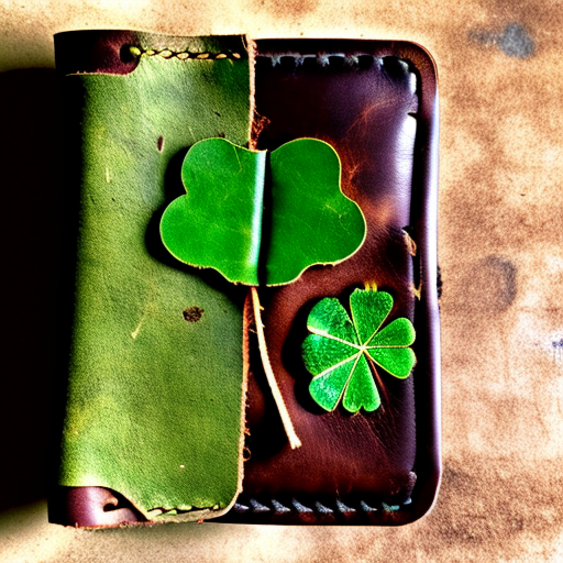 An abandoned leather wallet, open, containing a dusty dry leaf and a green clover. Style: goth