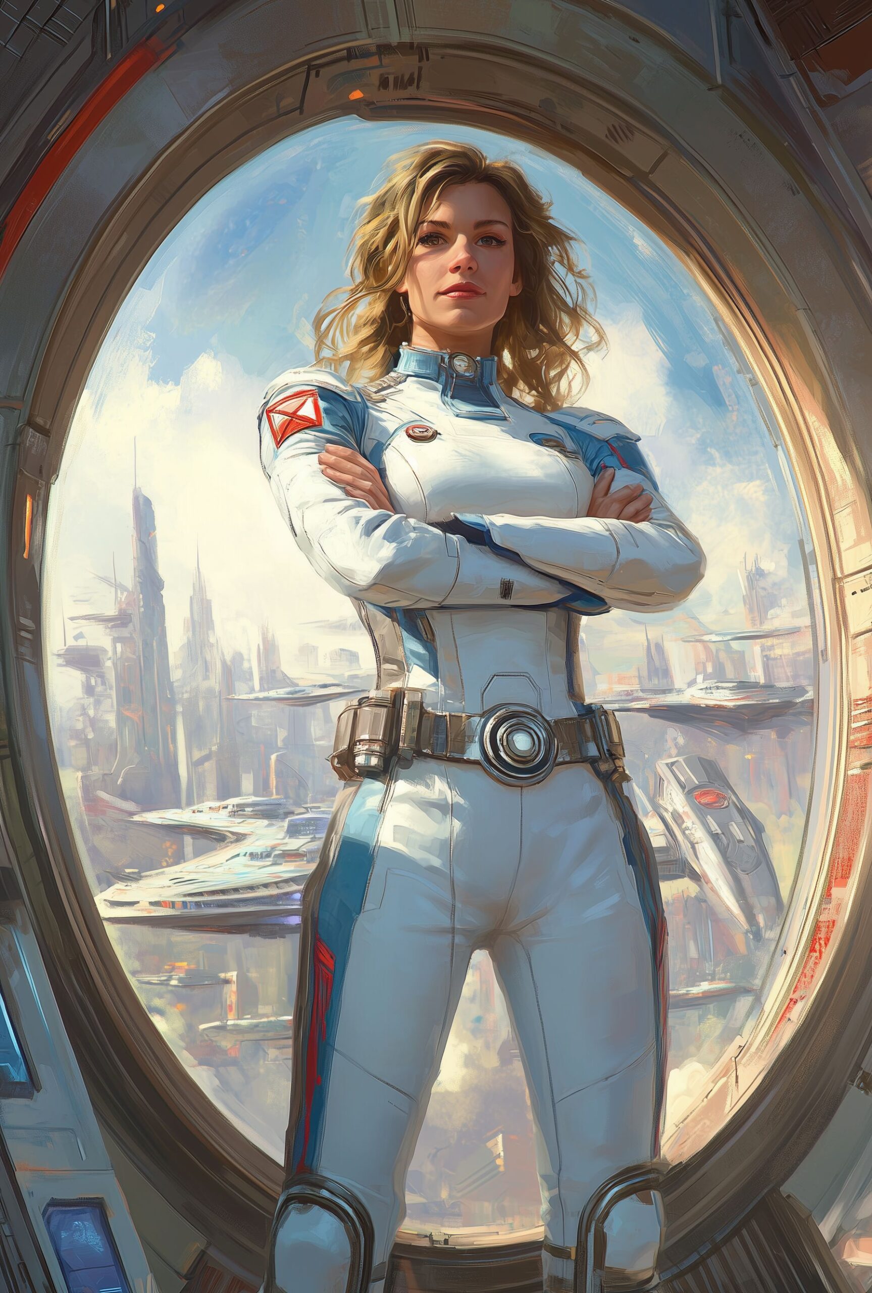 **a female space captain stands in the center of an oval portal to another dimension. She is wearing a white and blue futuristic uniform with red accents, her arms crossed across her chest. Behind her, you can see starships docked on the station's bridge. This is a fantasy art style painting in the style of boris vallejo. --ar 43:64 --s 250 --style raw --v 6. 1** - upscaled (subtle) by  (fast)