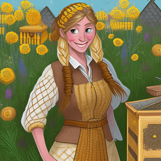 Western cartoon illustration of a cheerful female beekeeper, with flowing golden hair tied back in a loose braid and warm brown eyes, her body wrapped in a protective beekeeping suit, standing in her lush backyard apiary. Outfit aesthetics: honeycomb patterns embroidered on her suit that subtly shimmer. Tiny bees and wildflowers woven into her flowing braid. Arm cuffs made of intricately designed protective mesh. Delicate honey-colored ribbons spiraling around her wrists like bracelets. Background aesthetics: a vibrant garden filled with colorful flowers and buzzing with activity. Rows of wooden beehives painted in cheerful pastel colors. A cozy cottage with climbing roses and a vegetable patch nearby. Head tilted downward, both hands gently holding a frame of honeycomb, eyes peeking out warmly from under her protective veil as bees dance around her in the golden afternoon light.