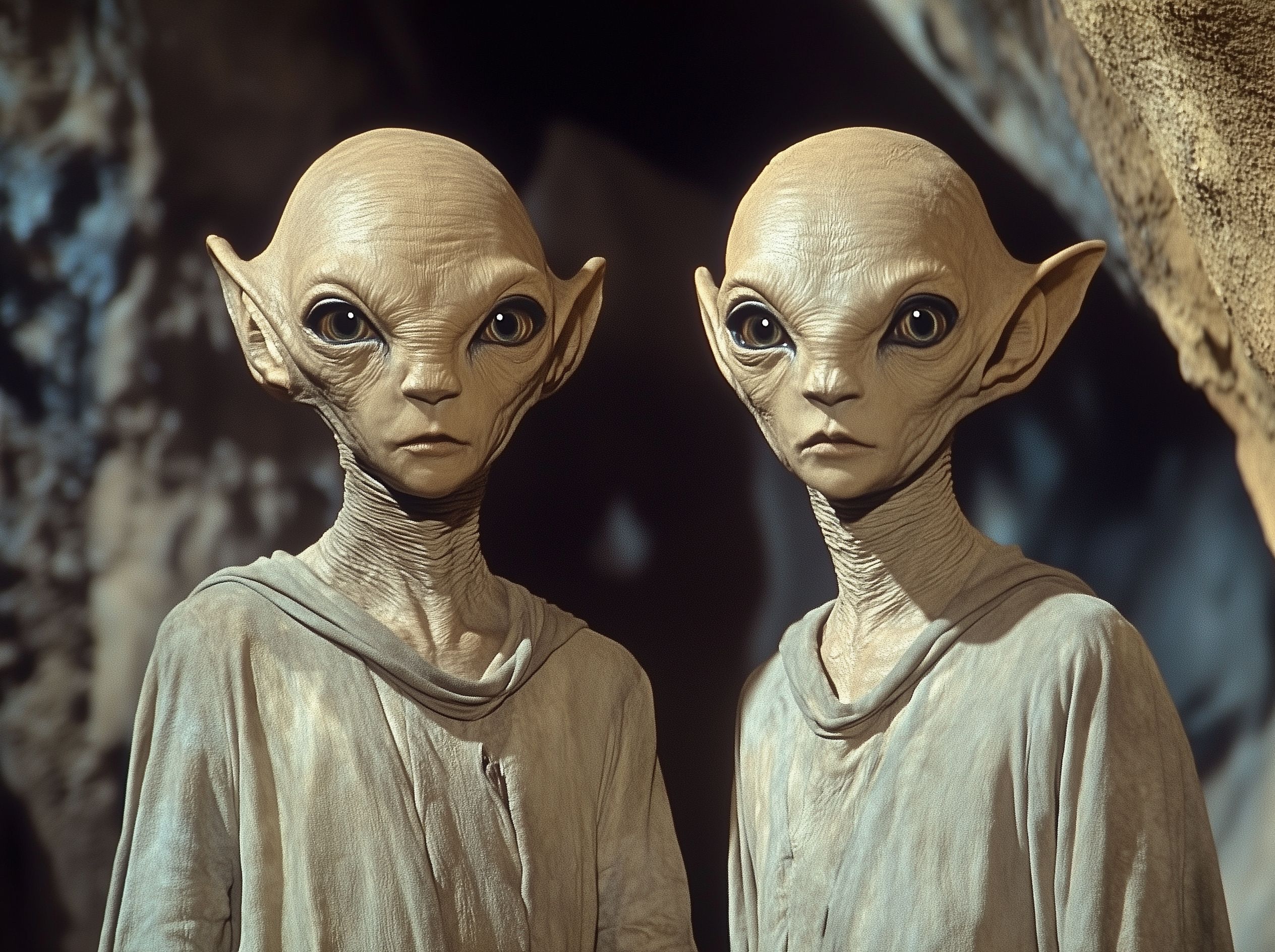 **a still from the star trek tv series, featuring two alien humanoid twins in light gray robes, standing next to each other in an eerie, dark cave setting. They have very large heads. Face forward, in the style of a retro sci-fi tv show. --ar 91:68 --s 250 --style raw --v 6. 1**