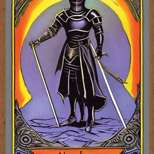 A vintage tarot card depicting a knight in black armor stands on the edge of an abyss, holding his sword high above him. The background is a dark purple with a glowing red sun behind it. 80s dark fantasy::2, in style of lithography.
