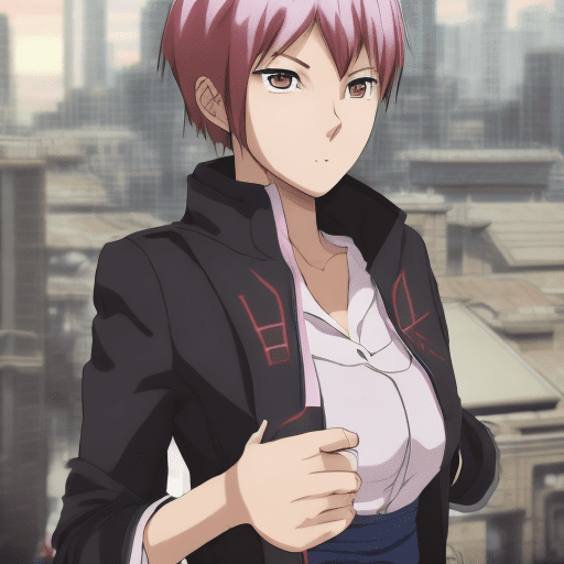 Screen cap from the anime jujutsu kaisen. Its a woman with simple red eyes. Has small black pupil. There is one shine on the eyes. Long red shaggy wavy hair. Hair is parted in the middle. She is happy. She is in a dark blue jujutsu kaisen uniform. She is on a city roof at night. Hands naturally positioned. Zoomed out to see whole pose. Mappa studios screen cap. Jujutsu kaisen style.