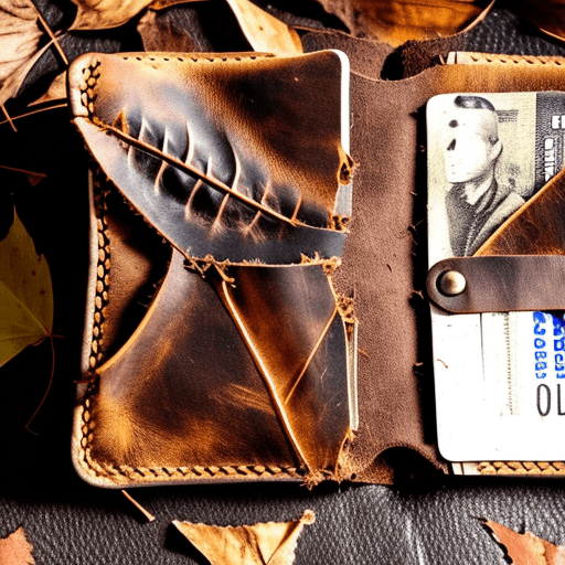 An abandoned leather wallet, open, with dusty dry leaves in its pockets. Style: goth