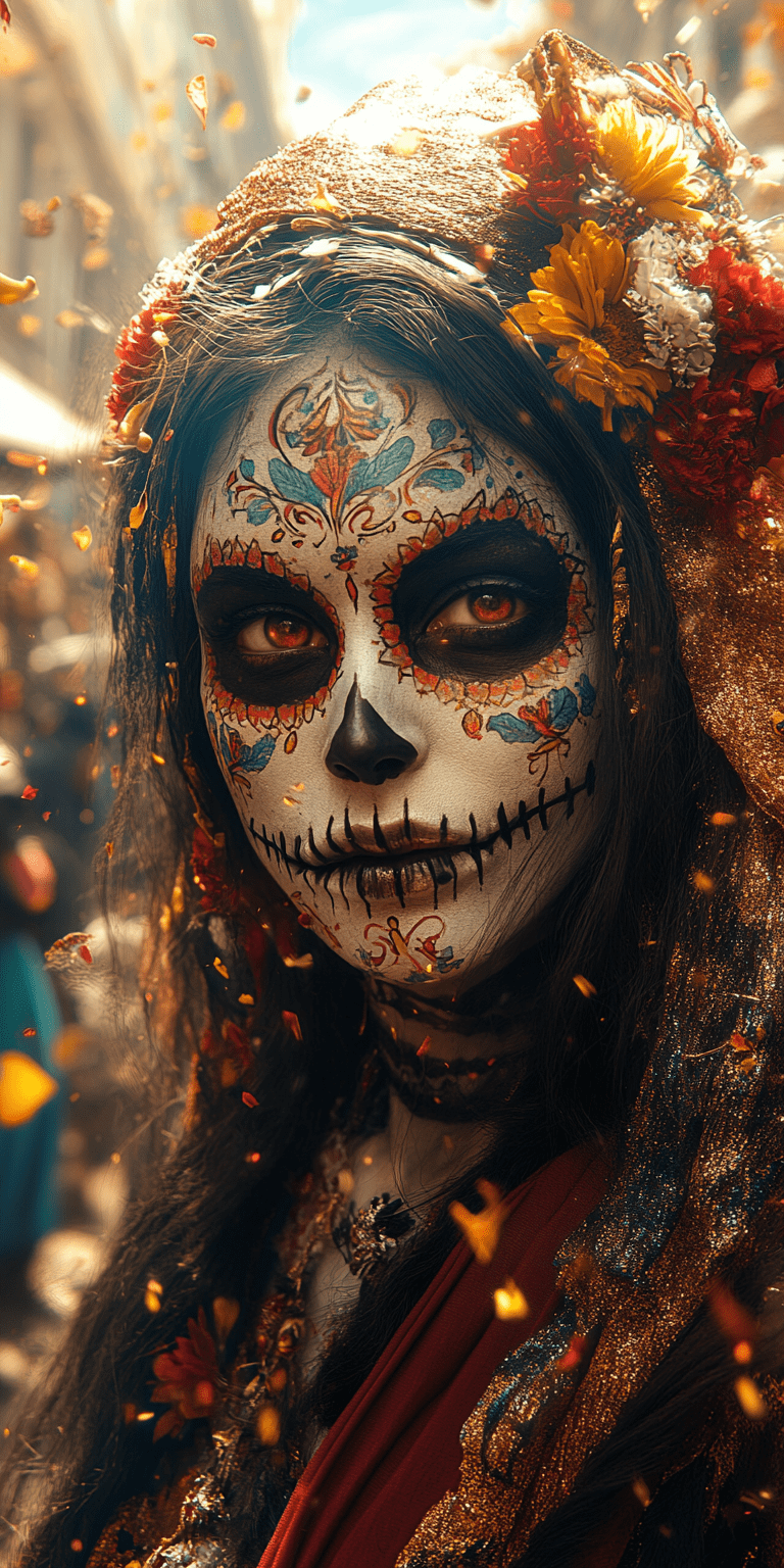 Dias de los muertos parade in mexico city, high-resolution photography, ultra-realistic --ar 1:2 --stylize 750 --v 6. 1