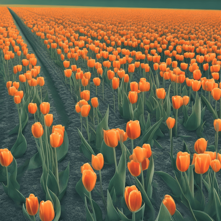 Photo of a ultra realistic field of orange tulip flower, pale sunset, 8k, extreme details, cinematic, masterpiece, not perfect tulips, no mountains