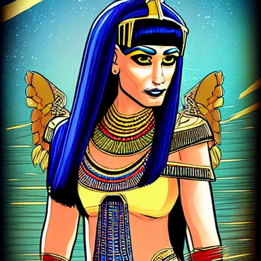 A full comic book body art of cleopatra with beautiful makeup and she has a egyptian bob hair style she is barefoot and wearing golden feet jewellery she is walking in her palace the image has great comic book art
