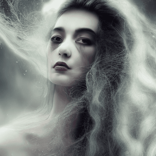 A hyper-realistic, cinematic image of a beautiful ghostly woman, wn existence is intertwined with the very essence of the surroundings. Her long, flowing hair cascades like liquid silver, intertwining with the tendrils of mist that dance around her, creating an enchanting aura that seems to flicker between reality and illusion. The soft glow of moonlight bathes her form in an ethereal luminescence, casting gentle shadows that accentuate her delicate features. Her eyes, deep and haunting, hold a wisdom that transcends the boundaries of life and death, inviting those who gaze upon her to ponder the stories she carries within. In the background, a dimly lit forest looms, its ancient trees standing sentinel, their twisted branches reaching out as if to embrace the ephemeral beauty before them. Wisps of fog weave through the underbrush, enhancing the otherworldly atmosphere, while the soft rustle of the leaves creates a symphony of whispers that echo the secrets of the night. As she moves, the gossamer fabric of her nightgown flutters like wings, merging with the air in a mesmerizing dance. Each step she takes seems to lift her slightly above the ground, as if she is both part of the earth and forever detached from it, embodying the liminal space between worlds. The entire scene is suffused with an enchanting melancholy, a reminder of beauty that exists in fleeting moments, where the veil between the seen and unseen is tantalizingly thin.