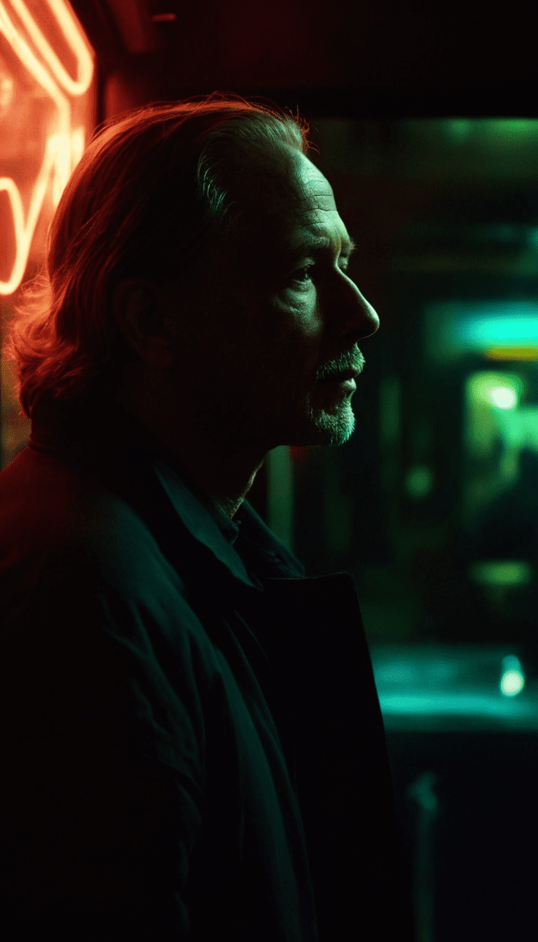Side view of silhouette gray-haired old man in the green and red neon street lights, volumetric lighting, cinematic angle, glamour vibrant,