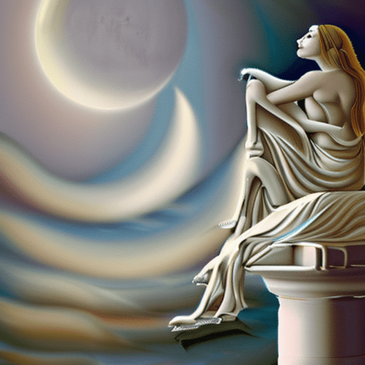 A serene night scene with a woman beautiful angel, attractive, all tattooed, athletic, sitting atop a classical pillar. She wears a flowing white dress and has wavy, dark hair. Behind her is a radiant full moon, casting a luminous glow. The sky is dotted with stars, and there are clouds that seem to be illuminated by the moon's light. At the top of the image, the words 'good night' are written in bold, golden letters, 4k, high definition and details, super realistic, style art by artist og abel, black background, effect hdr, to print on t-shirt