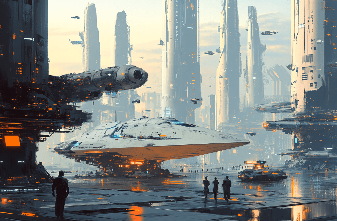 A Futuristic Spaceport With Tall, Slender Structures Resembling Towering Spires, Each Adorned With Sleek Designs And High-Tech Equipment. The Scene Is Set Against The Backdrop Of An Expansive Sky-Blue Cityscape In The Distance. In Sharp Focus, Workers Move Around On Floating Platforms Near Various Vehicles Like Spaceships And Robots, All Under Soft Sunlight, In The Style Of Gabriele Dell'Otto. --Ar 32:21 --V 6. 1 Prompthero Prompt 2Ff71344A7A A futuristic spaceport with tall, slender structures resembling towering spires, each adorned with sleek designs and high-tech equipment. The scene is set against the backdrop of an expansive sky-blue cityscape in the distance. In sharp focus, workers move around on floating platforms near various vehicles like spaceships and robots, all under soft sunlight, in the style of gabriele dell'otto. --ar 32:21 --v 6. 1
