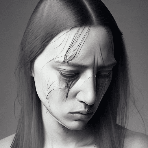 A woman looking melancholy, tears running down her face, long hair, with some strands of hair on the face, greyscale with light orange checks