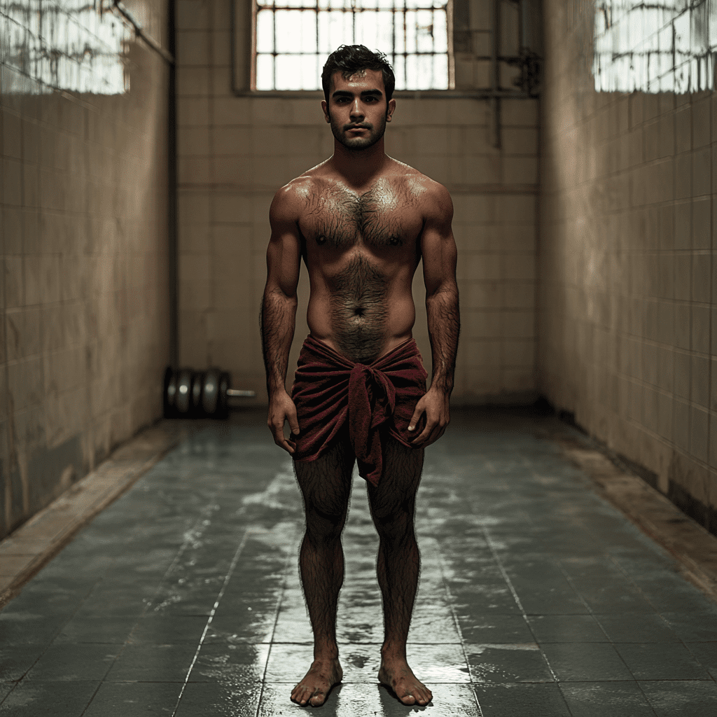 Full shot, full-length portrait, wide field of view, centered, showing entire body, award-winning cinematography, award-winning photography, portrait of handsome mexican man with black hair and dark eyes, swimmers body, standing, extremely hairy chest, in the gym, posing for the camera, showing off his legs, ultra-realistic skin, 8khd --v 6. 1