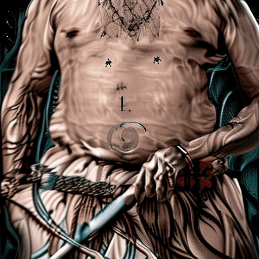 High resolution photography, tanned old man, long grey beard, white eyes, no iris, no pupils, scar over eye, fantasy, monk, shirtless, skinny, tattoos, spear, foot wraps, bangles