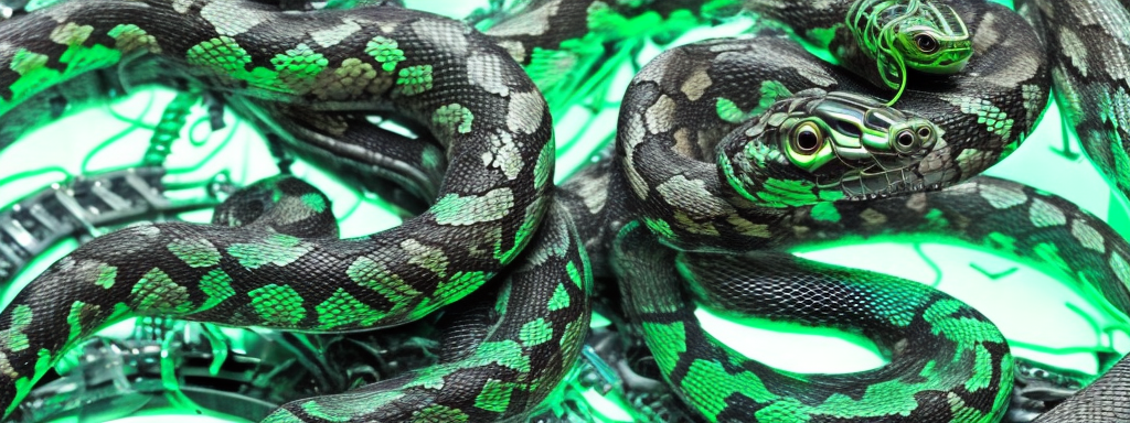 The photo shows a snake with metal elements that give it a futuristic look. She is designed in a cyberpunk style, with details resembling mechanical parts covering her body. The color palette includes shades of green, which adds realism while still maintaining the feeling of being a hybrid of a living creature and a machine.