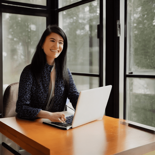 High fashion picture of an internet woman entrepreneur working on his super modern laptop, sitting in front of a well-organized desk, smiling happily, dressed casually and modernly, in a large luxurious bright living room with large windows and a beautiful unobstructed view of nature, golden hour, bounce lighting, wide angle top view, arri alexa 65, in the style of diane arbusr, 8k