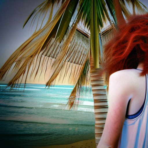 (messy red hair 1. 3) , (natural beauty: 1. 2) , blue eyes, stranded on a desert island, tattered and ripped primitive dress, wild look, castaway, island, palm trees, ocean, close-up