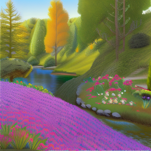Create a serene landscape showcasing a vibrant, lush forest under a clear blue sky. The foreground features a small, sparkling stream flowing gently over smooth stones, surrounded by a variety of wildflowers in bright colors, such as yellow, purple, and red. In the background, tall trees with rich green foliage create a natural canopy, with sunlight filtering through the leaves, casting dappled shadows on the forest floor. Add a sense of tranquility and harmony, with birds perched on branches and a deer drinking from the stream. The overall mood should evoke a sense of peace and connection with nature, highlighting the beauty and importance of preserving our environment. Uhd, 4k