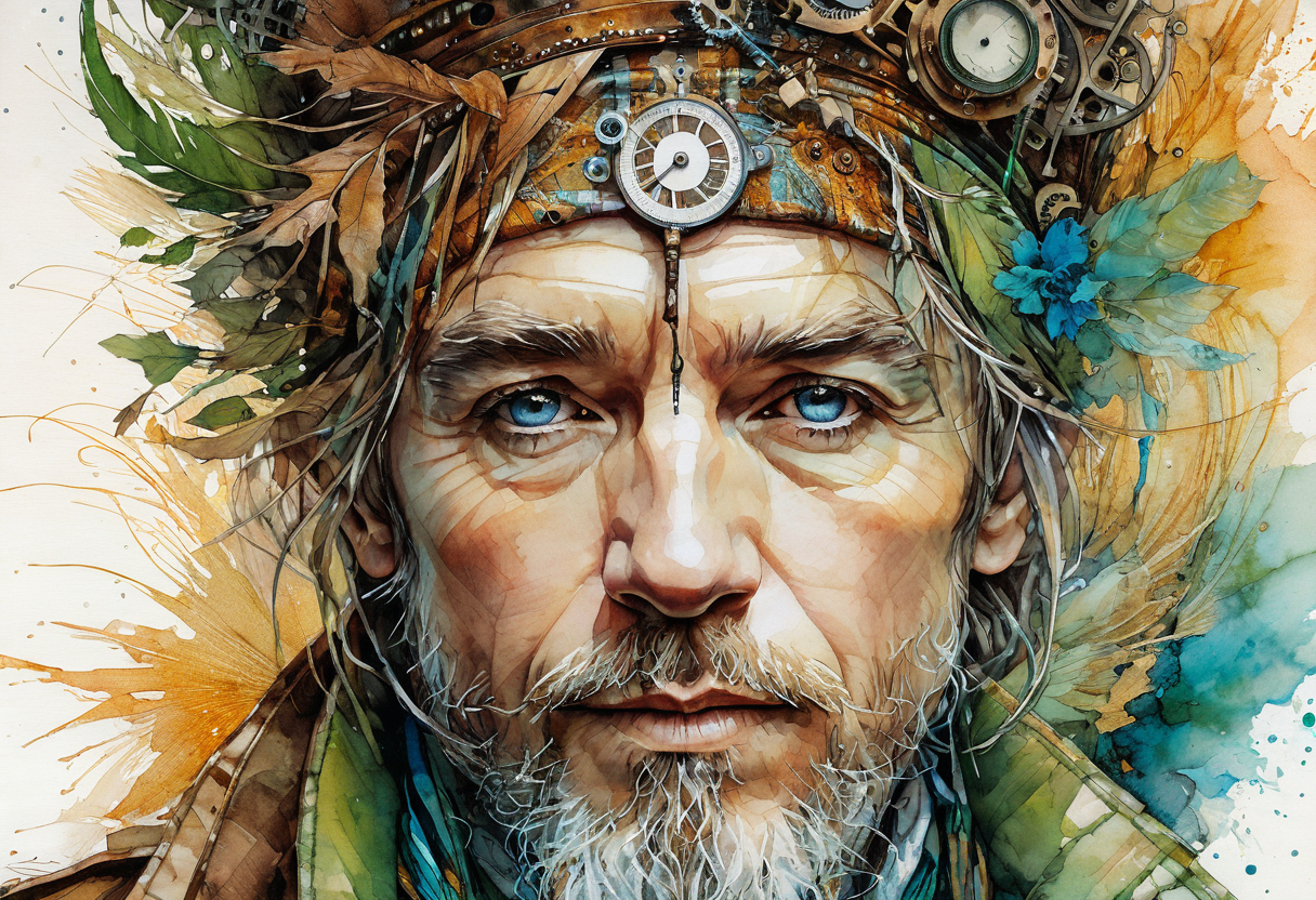 (close up portrait of an unusual man, style of carne griffiths surealism:1. 5 masterpiece:1. 2) , abhorrent goðafoss waterfall in background, steampunk roots, (graphic design art by herb lubalin:1. 2)