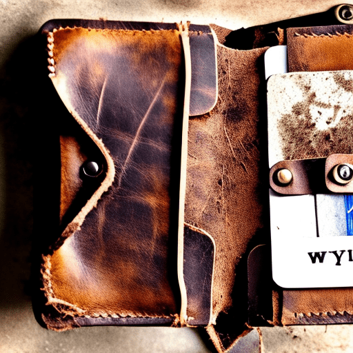 An abandoned leather wallet, opened, showing its empty inside pockets. A dry leaf rests on top. Style: goth