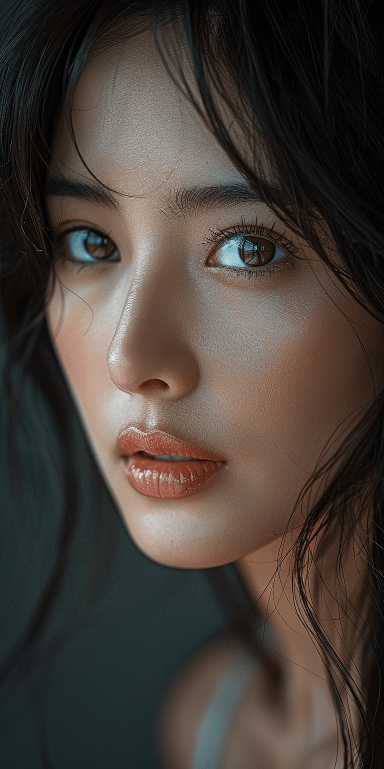 High definition photo, stunning asian model, close-up, in the style of asian beauty standards, photorealism, flawless skin, slight smile, cinematic, high definition, highest quality, shot on a sony a7iii, realistic detail --ar 1:2 --stylize 750