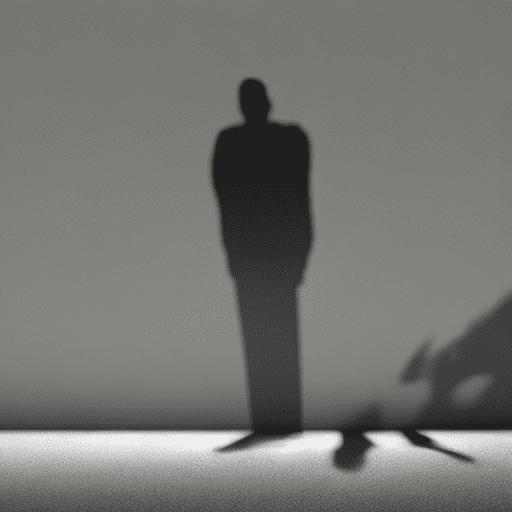 Ultra realistic photo of a crying man's shadow. The man is sitting and it is only possible to see his shadow. The background is dark and you can see a horizon