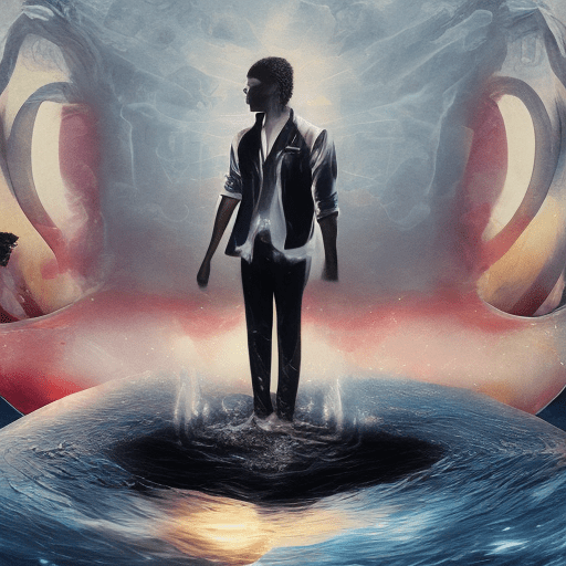 The realm of liquid dreams – a captivating scene showcasing a fantastical water texture and a black man’s arm levitating a microphone in palm. Transporting viewers to a world where imagination reigns supreme