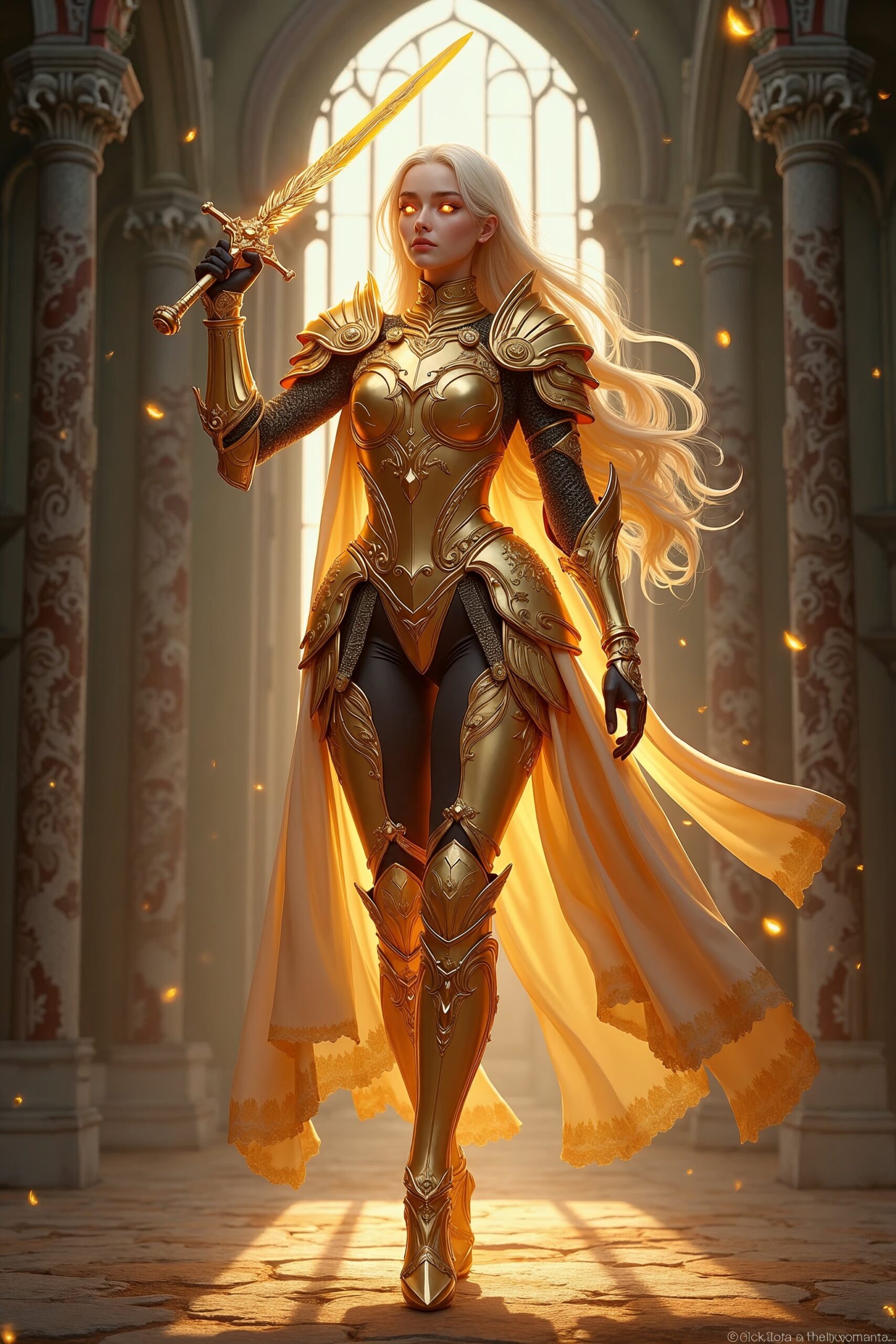 Amazing quality, masterpiece, best quality, hyper detailed, ultra detailed, uhd, perfect anatomy, (in castle:1. 2) , girl knight, holding a sword, dazzling , transparent , polishing, (1 arm up) , waving sword, gold armor, glowing armor, glowing eyes, full armor, shine armor, dazzling armor, saint saya armor, hkstyle, extremely detailed, ral-bling,
