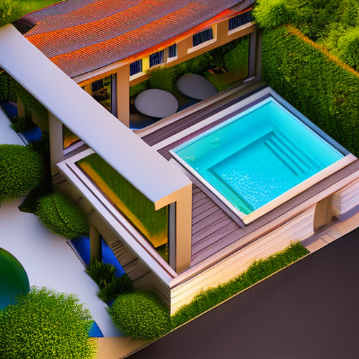 Photo realistic bird view level exterior entrance photo of a classic style house with pool and wild animal, overlooking the jungle, set on a lawn without car park under building, sunset, styling based on norman foster architect