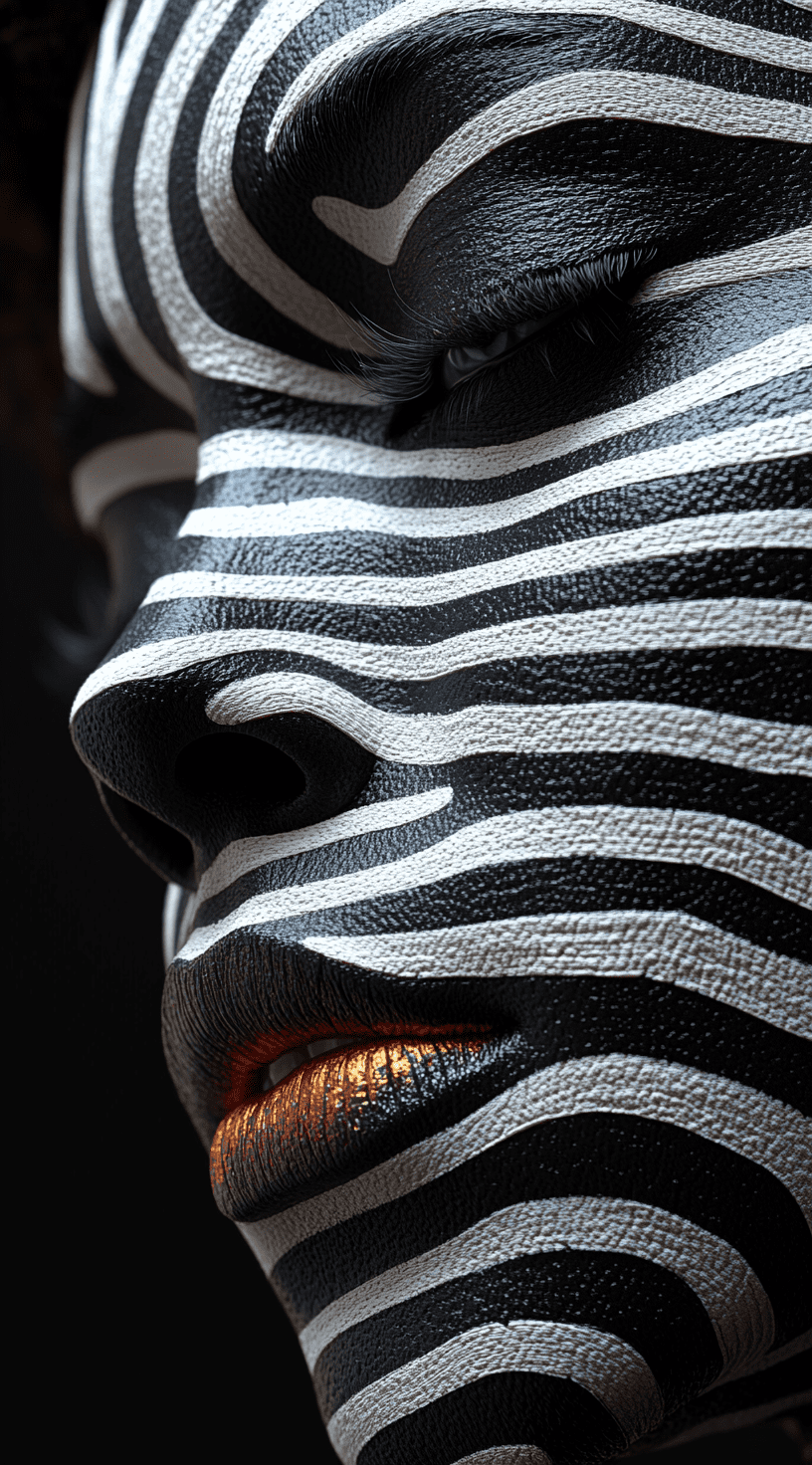 A woman with her face covered in a black and white line pattern, a surrealistic and three-dimensional rendering, captured in close-up with a zebra-print skin texture, high-resolution photography with a hyper-realistic aesthetic --ar 71:128 --stylize 750 --v 6. 1