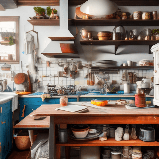 Initial panorama of a cluttered kitchen counter near a gas stove with ordinary items; interior design magazine, cozy atmosphere; 8k, intricate detail, photorealistic, realistic light, wide angle, kinkfolk photography, a+d architecture