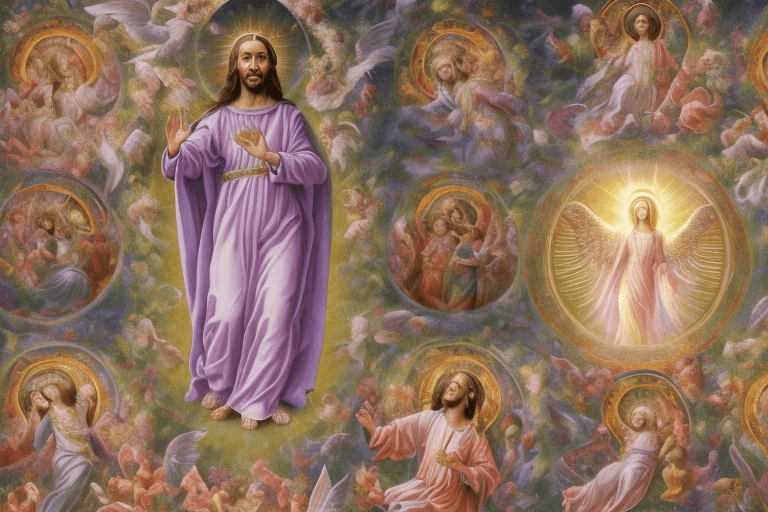Prompt: "a beautifully detailed religious mural collage with a central figure of the sacred heart of jesus, surrounded by the virgin mary and many radiant angels. The angels are depicted with graceful, expressive faces, elegant wings, and soft, flowing robes, filling the scene with warmth and reverence. Include heavenly light, intricate floral designs, and ethereal skies in the background to create a feeling of divine presence. The colors are soft yet vibrant, using tones reminiscent of italian renaissance murals, like those painted by da vinci. The style is classical, detailed, and deeply spiritual, perfect for a large memorial wall mural honoring loved ones. "